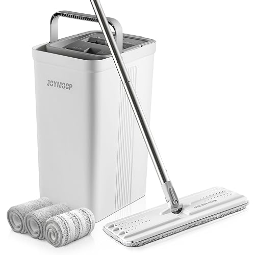 JOYMOOP Mop and Bucket with Wringer Set, Hands Free Flat Floor Mop and Bucket, with 3 Washable Microfiber Mops, Wet and Dry Use, Floor Cleaning System