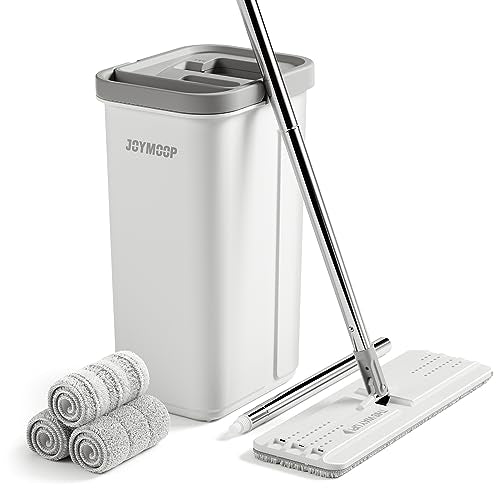 JOYMOOP Mop and Bucket with Wringer Set, Hands Free Flat Floor Mop and Bucket, with 3 Washable Microfiber Mops, Wet and Dry Use, Floor Cleaning System