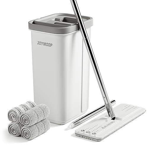 JOYMOOP Mop and Bucket with Wringer Set, Hands Free Flat Floor Mop and Bucket, with 3 Washable Microfiber Mops, Wet and Dry Use, Floor Cleaning System