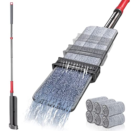 Almcmy Self Wringing Flat Mop, Floor Cleaning Mop with 52" Stainless Steel Handle & 6 PCS Microfiber Pads, Hand Free Washing Mop for Hardwood, Laminate, Tile Floor Cleaning