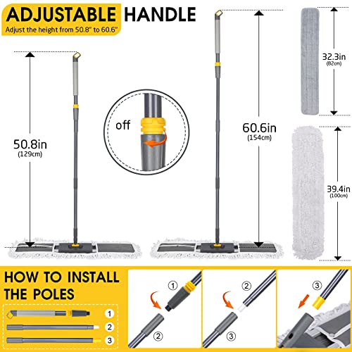 Almcmy Self Wringing Flat Mop, Floor Cleaning Mop with 52" Stainless Steel Handle & 6 PCS Microfiber Pads, Hand Free Washing Mop for Hardwood, Laminate, Tile Floor Cleaning