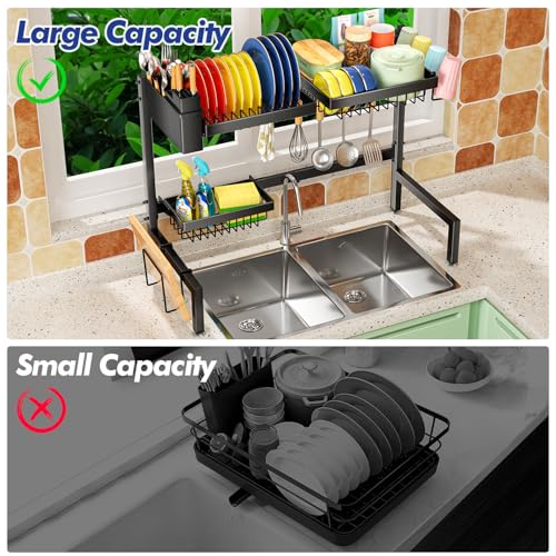 SNSLXH［2-Tier 4 Baskets］Over The Sink Dish Drying Rack, 24.8"-35.4", Large Sink Rack for Kitchen, Extensible and Adjustable, Saving Kitchen Space