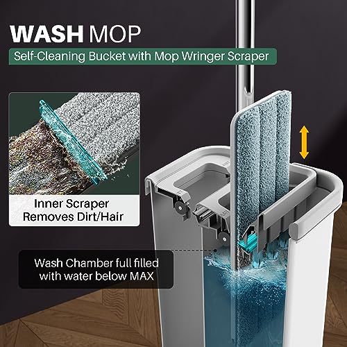 JOYMOOP Mop and Bucket with Wringer Set, Hands Free Flat Floor Mop and Bucket, with 3 Washable Microfiber Mops, Wet and Dry Use, Floor Cleaning System