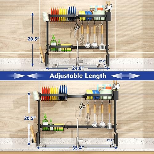 SNSLXH［2-Tier 4 Baskets］Over The Sink Dish Drying Rack, 24.8"-35.4", Large Sink Rack for Kitchen, Extensible and Adjustable, Saving Kitchen Space