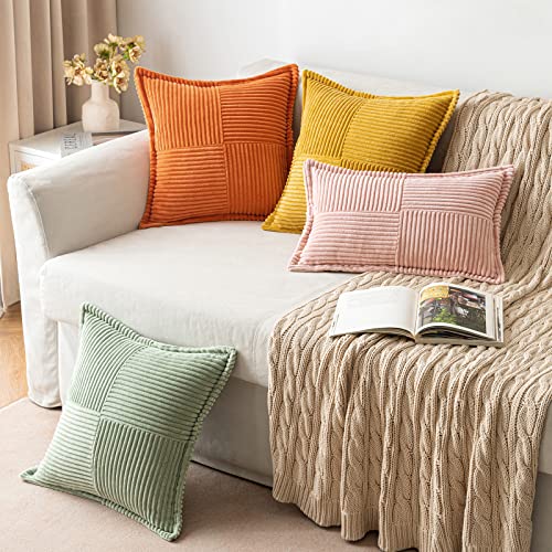 MIULEE Teal Blue Corduroy Pillow Covers 18x18 Inch with Splicing Set of 2 Super Soft Boho Striped Pillow Covers Broadside Decorative Textured Throw Pillows for Spring Couch Cushion Bed Livingroom