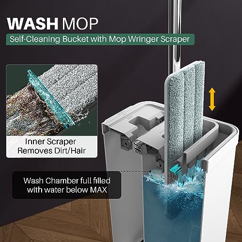 JOYMOOP Mop and Bucket with Wringer Set, Hands Free Flat Floor Mop and Bucket, with 3 Washable Microfiber Mops, Wet and Dry Use, Floor Cleaning System