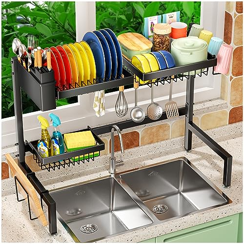 SNSLXH［2-Tier 4 Baskets］Over The Sink Dish Drying Rack, 24.8"-35.4", Large Sink Rack for Kitchen, Extensible and Adjustable, Saving Kitchen Space