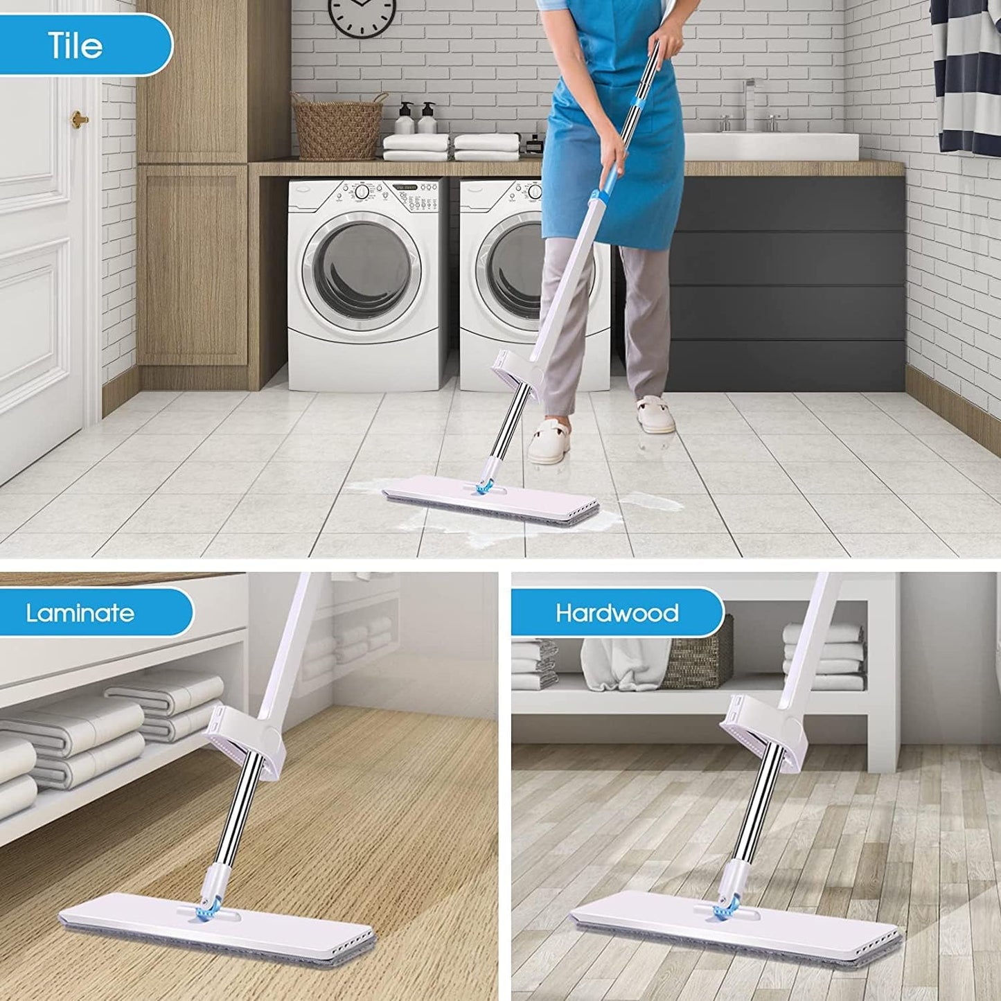 Almcmy Self Wringing Flat Mop, Floor Cleaning Mop with 52" Stainless Steel Handle & 6 PCS Microfiber Pads, Hand Free Washing Mop for Hardwood, Laminate, Tile Floor Cleaning