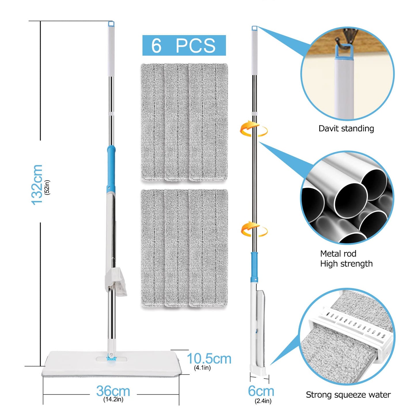 Almcmy Self Wringing Flat Mop, Floor Cleaning Mop with 52" Stainless Steel Handle & 6 PCS Microfiber Pads, Hand Free Washing Mop for Hardwood, Laminate, Tile Floor Cleaning