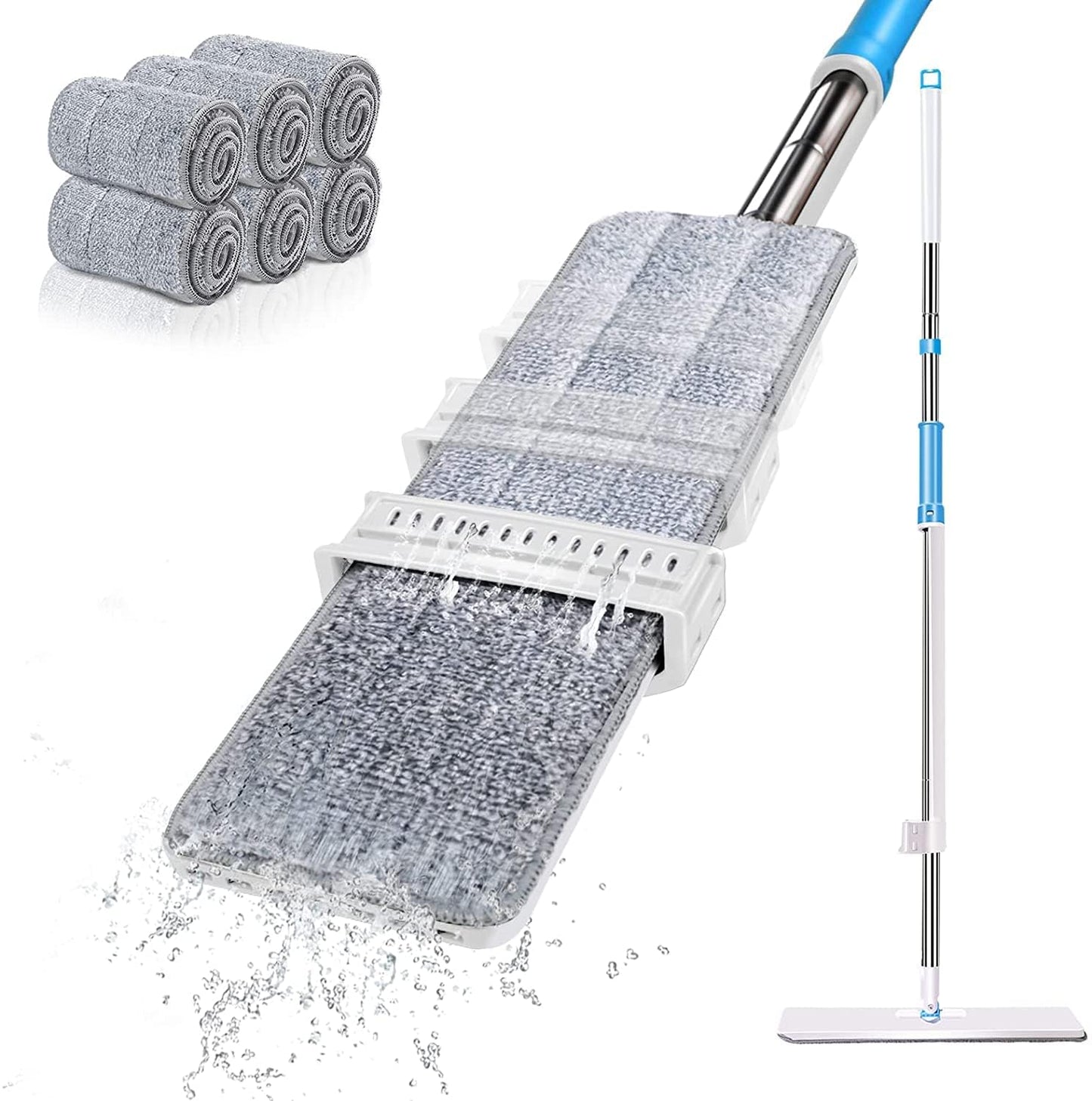 Almcmy Self Wringing Flat Mop, Floor Cleaning Mop with 52" Stainless Steel Handle & 6 PCS Microfiber Pads, Hand Free Washing Mop for Hardwood, Laminate, Tile Floor Cleaning