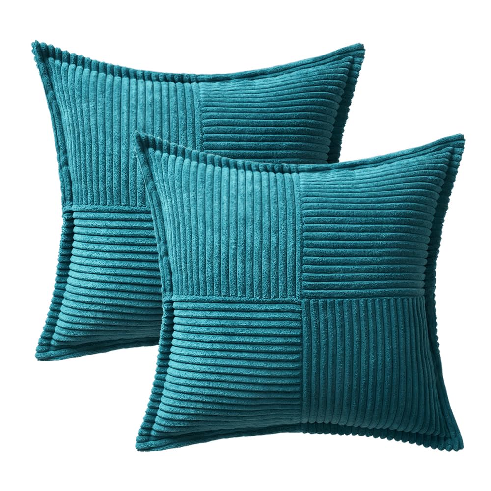 MIULEE Teal Blue Corduroy Pillow Covers 18x18 Inch with Splicing Set of 2 Super Soft Boho Striped Pillow Covers Broadside Decorative Textured Throw Pillows for Spring Couch Cushion Bed Livingroom