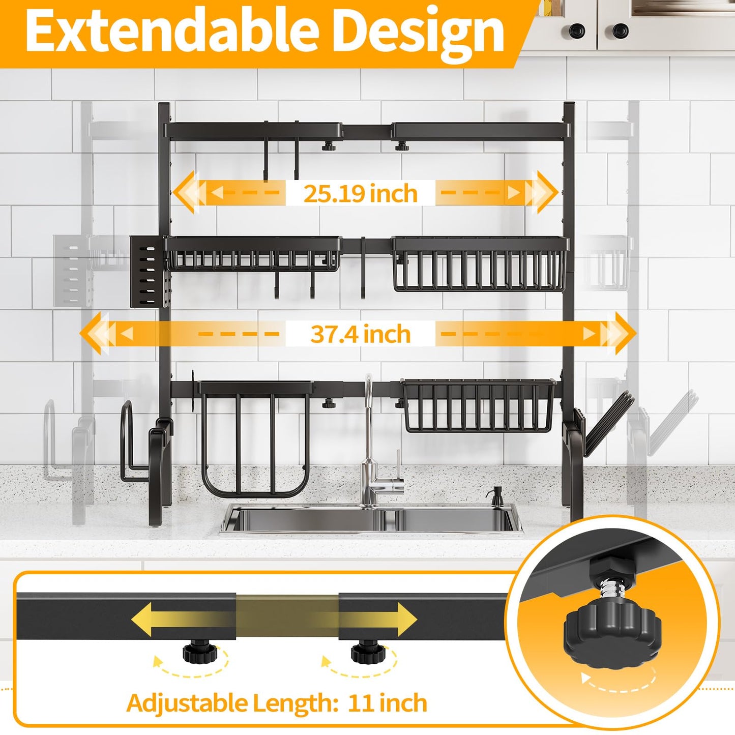 Urackify Over The Sink Dish Drainer Drying Rack, Adjustable (25.19"-37.4") Over Sink Dish Drying Rack, Extra Large Extendable Dish Rack Above Kitchen Sink, 3 Tier Dish Strainer with Storage Basket