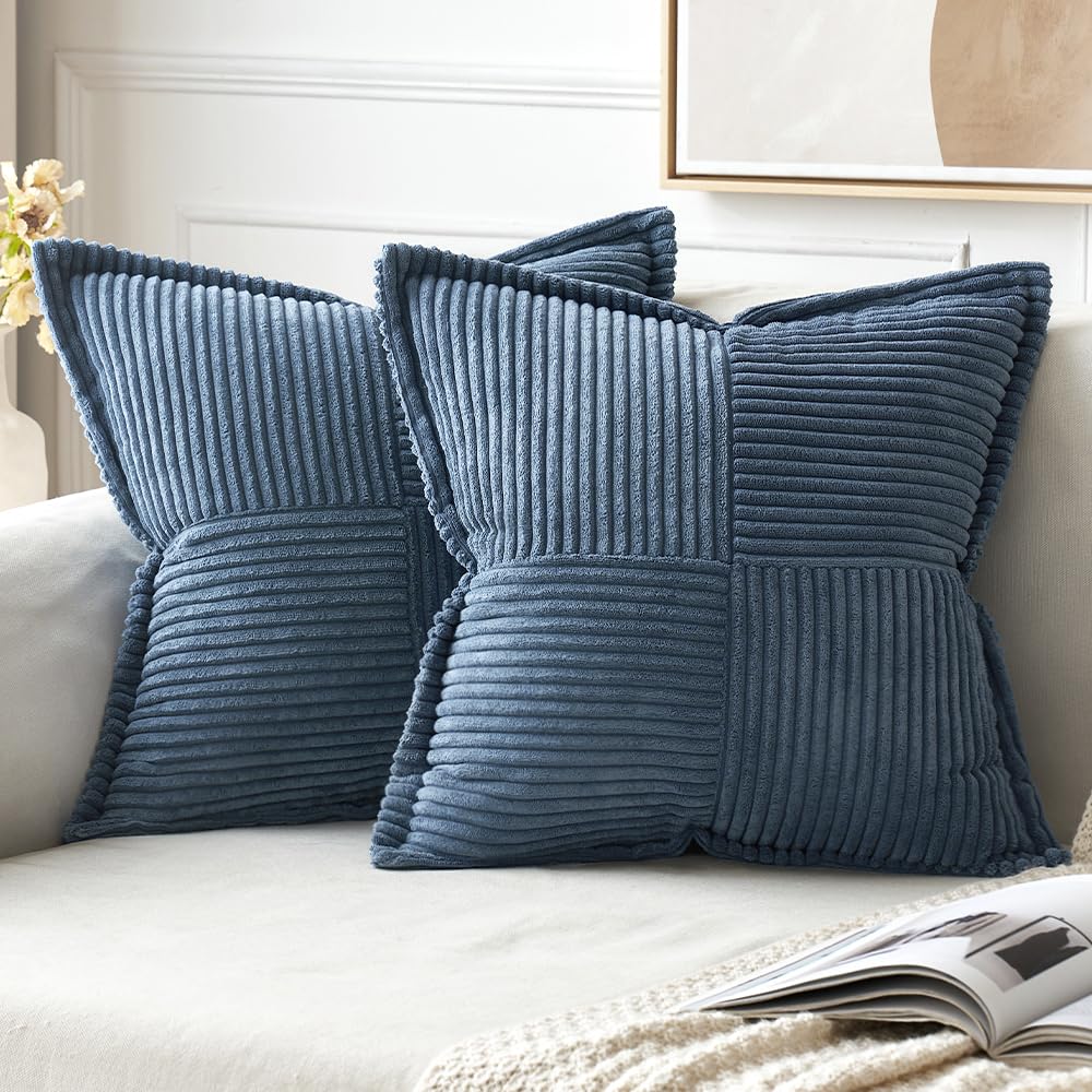 MIULEE Teal Blue Corduroy Pillow Covers 18x18 Inch with Splicing Set of 2 Super Soft Boho Striped Pillow Covers Broadside Decorative Textured Throw Pillows for Spring Couch Cushion Bed Livingroom