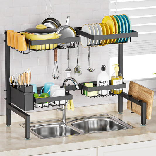 SNSLXH［2-Tier 4 Baskets］Over The Sink Dish Drying Rack, 24.8"-35.4", Large Sink Rack for Kitchen, Extensible and Adjustable, Saving Kitchen Space