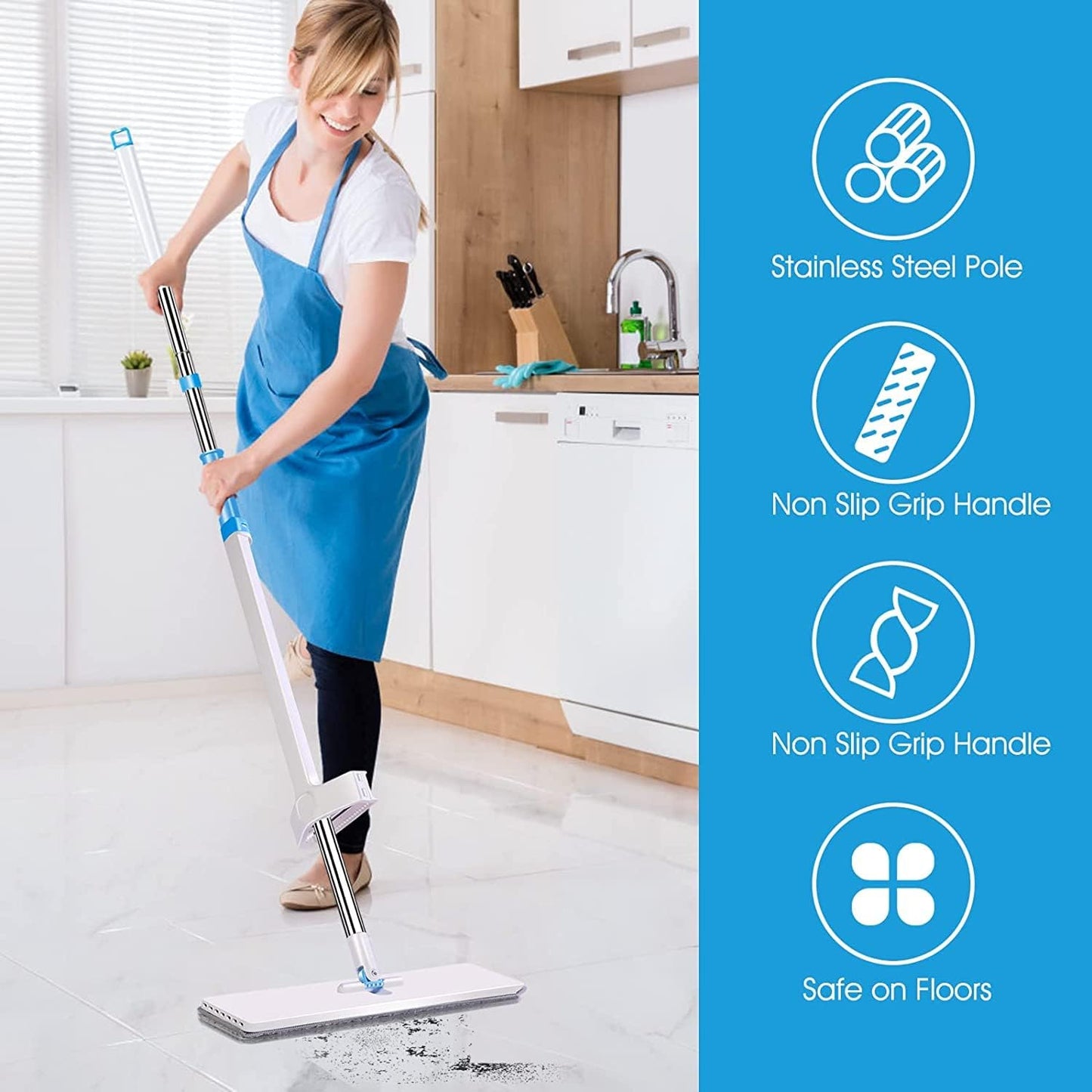 Almcmy Self Wringing Flat Mop, Floor Cleaning Mop with 52" Stainless Steel Handle & 6 PCS Microfiber Pads, Hand Free Washing Mop for Hardwood, Laminate, Tile Floor Cleaning