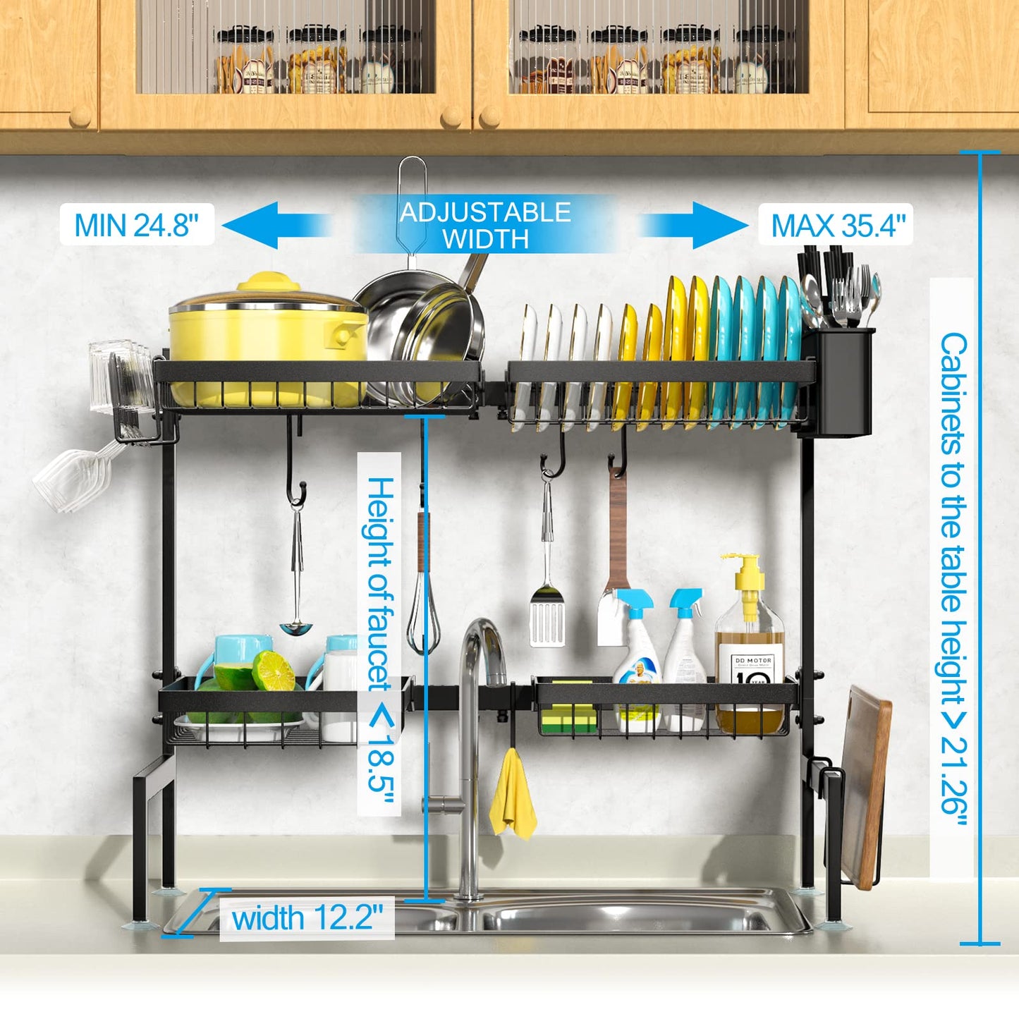 SNSLXH［2-Tier 4 Baskets］Over The Sink Dish Drying Rack, 24.8"-35.4", Large Sink Rack for Kitchen, Extensible and Adjustable, Saving Kitchen Space