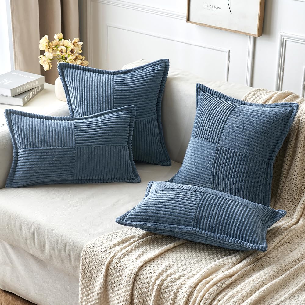 MIULEE Teal Blue Corduroy Pillow Covers 18x18 Inch with Splicing Set of 2 Super Soft Boho Striped Pillow Covers Broadside Decorative Textured Throw Pillows for Spring Couch Cushion Bed Livingroom