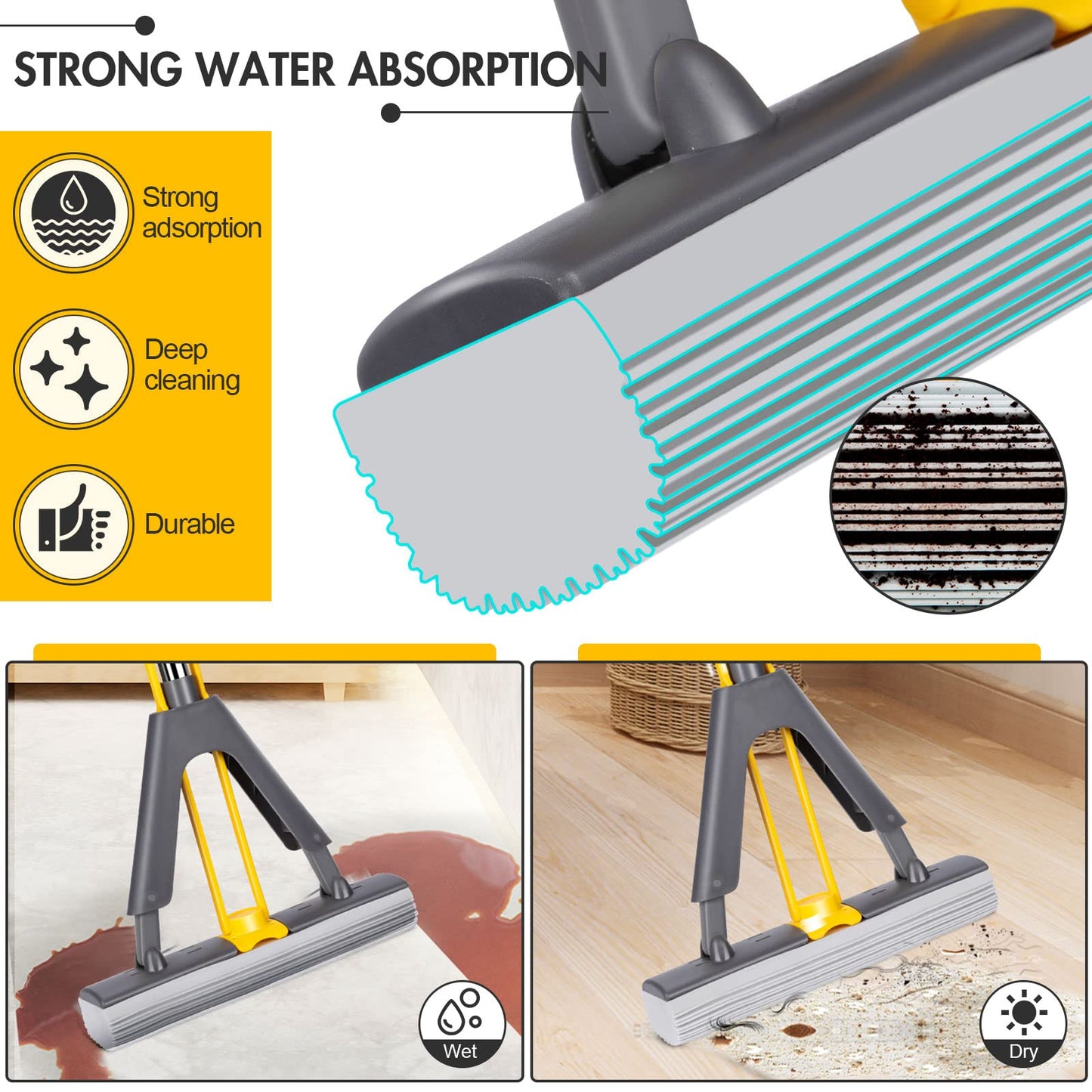 Sponge Mop, Self Wringing Mop with 3pcs Absorbent Sponge Head, Hand Wash Free Mop with 50" Long Handle, Wet Mop for Hardwood Laminate Tile Marble Floor Cleaning