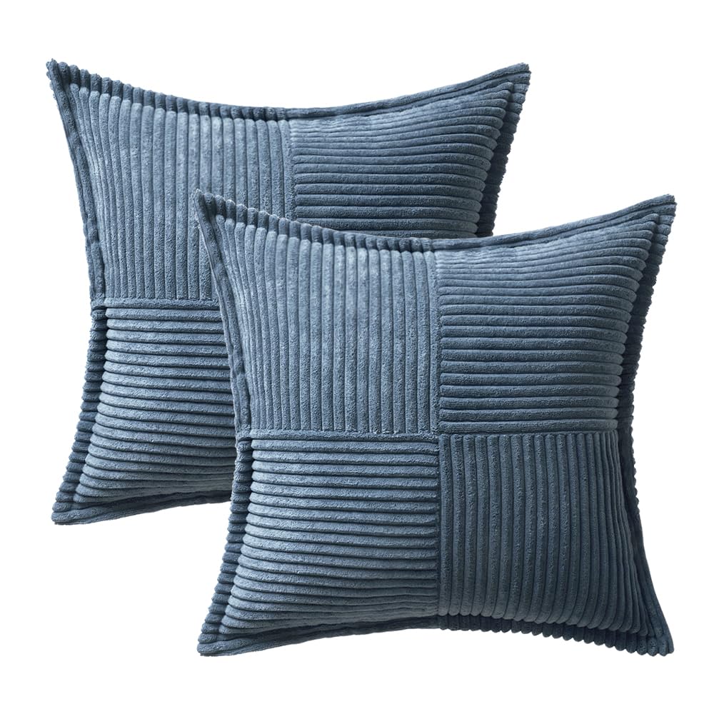 MIULEE Teal Blue Corduroy Pillow Covers 18x18 Inch with Splicing Set of 2 Super Soft Boho Striped Pillow Covers Broadside Decorative Textured Throw Pillows for Spring Couch Cushion Bed Livingroom