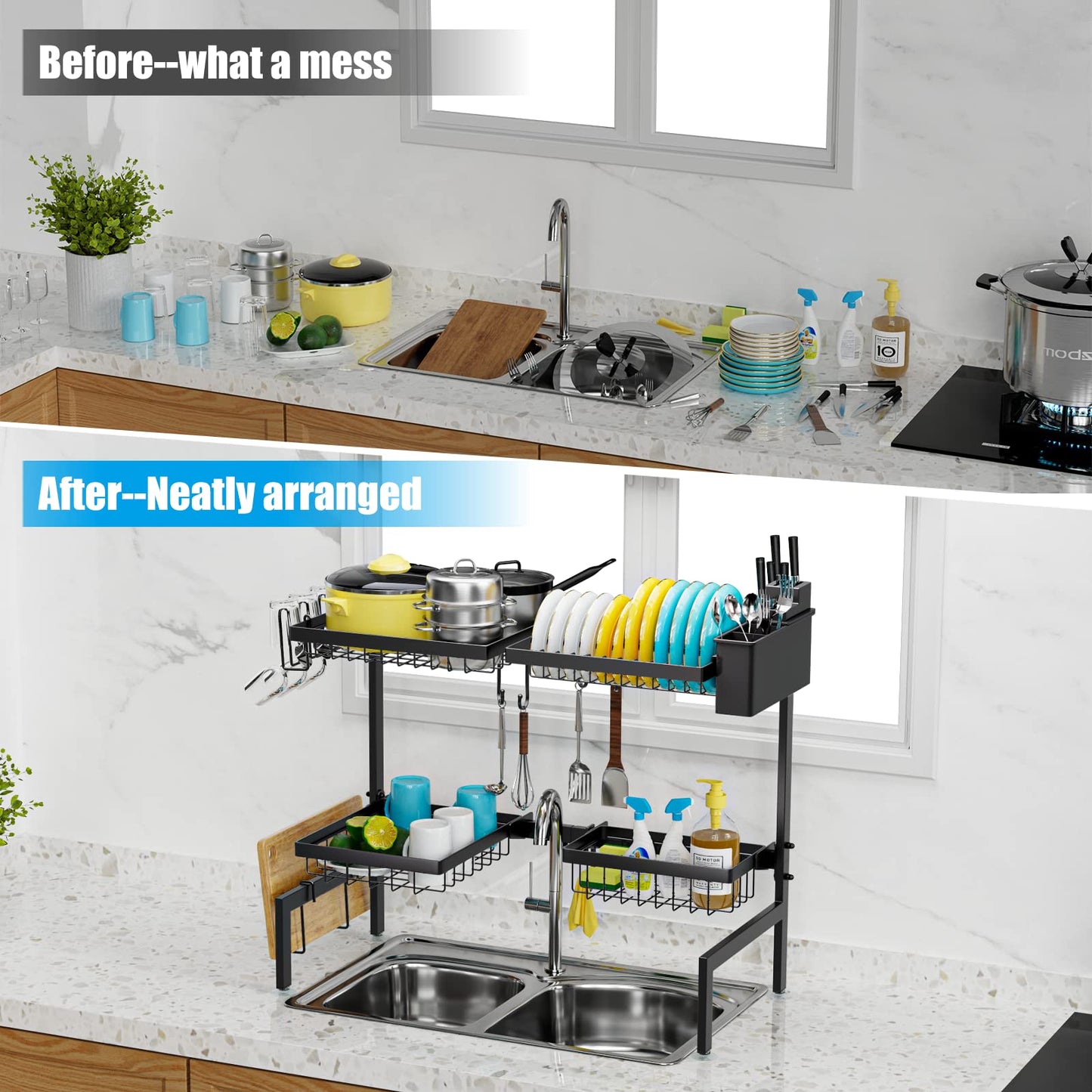 SNSLXH［2-Tier 4 Baskets］Over The Sink Dish Drying Rack, 24.8"-35.4", Large Sink Rack for Kitchen, Extensible and Adjustable, Saving Kitchen Space