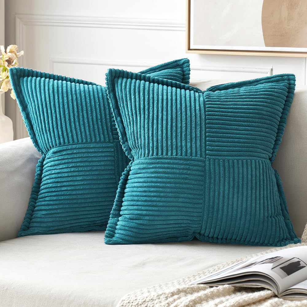 MIULEE Teal Blue Corduroy Pillow Covers 18x18 Inch with Splicing Set of 2 Super Soft Boho Striped Pillow Covers Broadside Decorative Textured Throw Pillows for Spring Couch Cushion Bed Livingroom