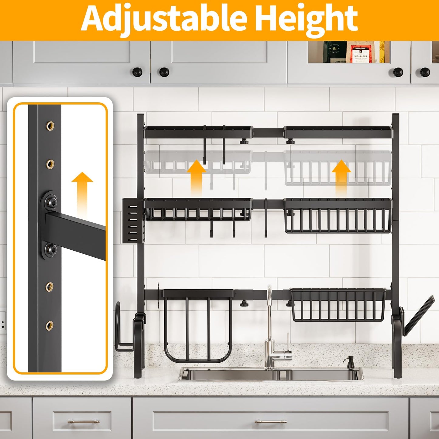 Urackify Over The Sink Dish Drainer Drying Rack, Adjustable (25.19"-37.4") Over Sink Dish Drying Rack, Extra Large Extendable Dish Rack Above Kitchen Sink, 3 Tier Dish Strainer with Storage Basket