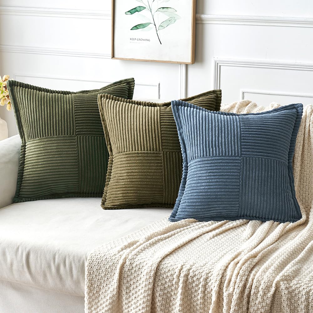 MIULEE Teal Blue Corduroy Pillow Covers 18x18 Inch with Splicing Set of 2 Super Soft Boho Striped Pillow Covers Broadside Decorative Textured Throw Pillows for Spring Couch Cushion Bed Livingroom