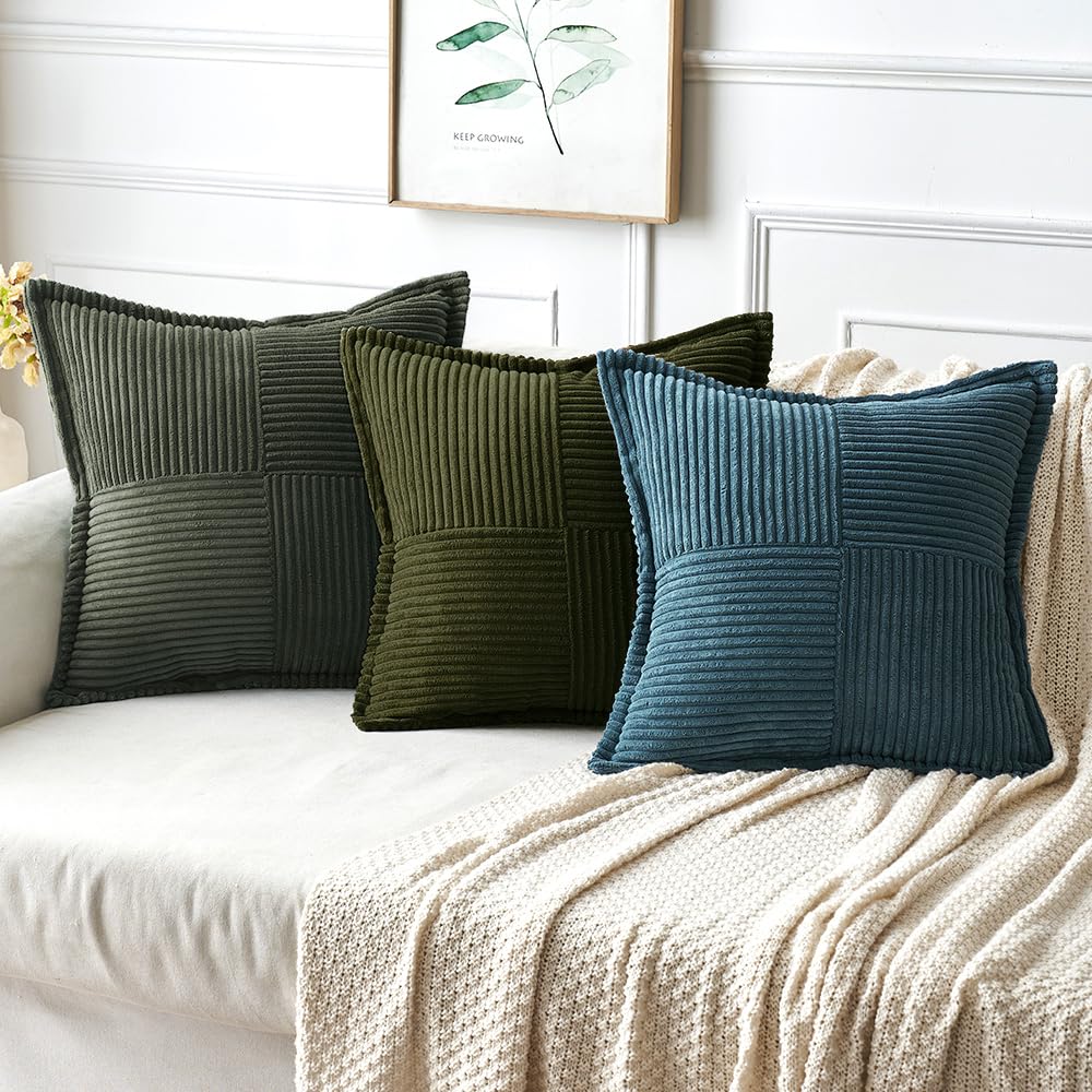 MIULEE Teal Blue Corduroy Pillow Covers 18x18 Inch with Splicing Set of 2 Super Soft Boho Striped Pillow Covers Broadside Decorative Textured Throw Pillows for Spring Couch Cushion Bed Livingroom