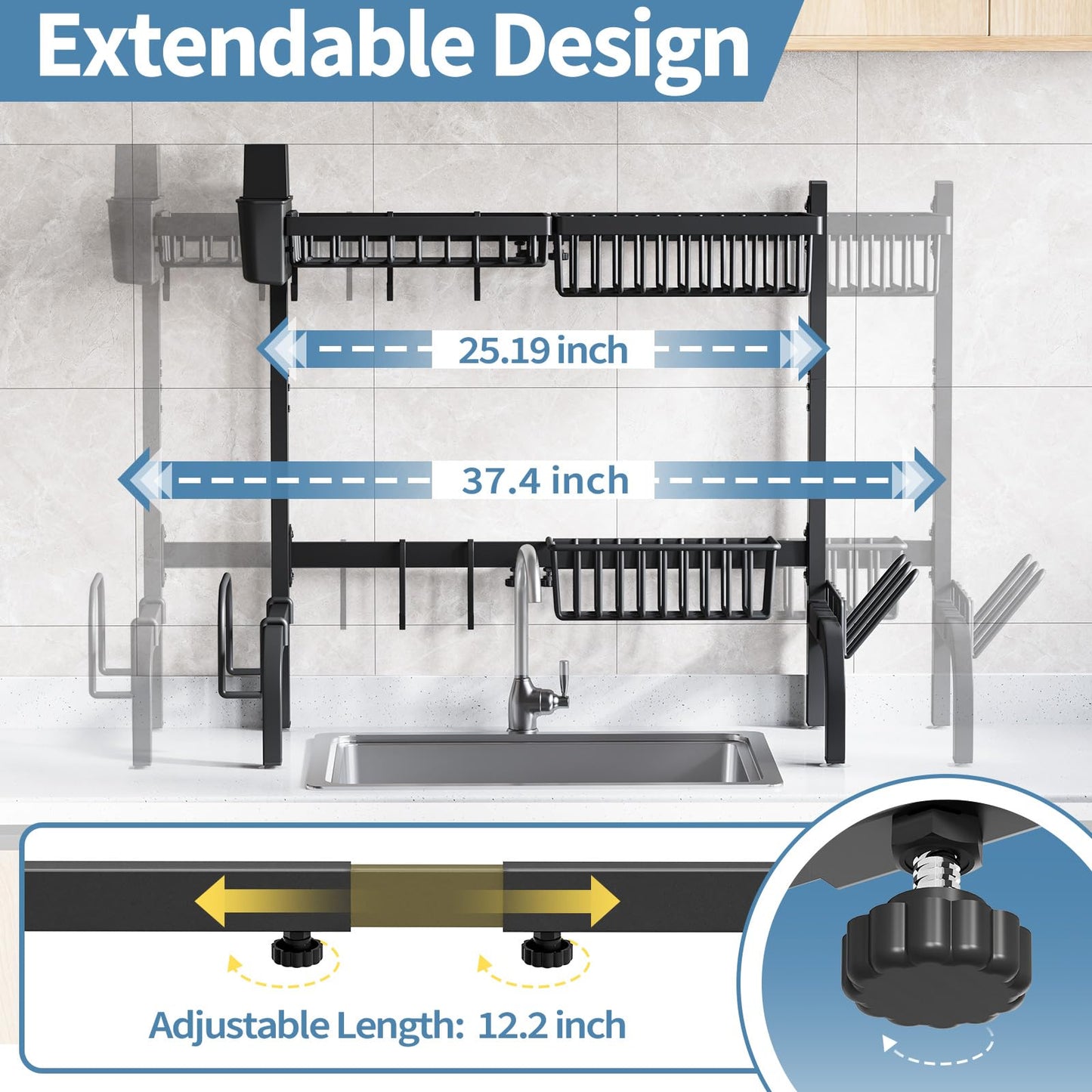 Urackify Over The Sink Dish Drainer Drying Rack, Adjustable (25.19"-37.4") Over Sink Dish Drying Rack, Extra Large Extendable Dish Rack Above Kitchen Sink, 3 Tier Dish Strainer with Storage Basket