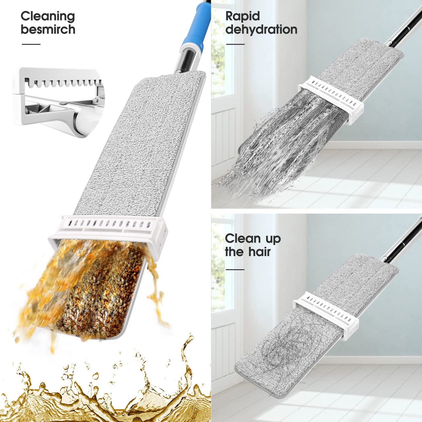 Almcmy Self Wringing Flat Mop, Floor Cleaning Mop with 52" Stainless Steel Handle & 6 PCS Microfiber Pads, Hand Free Washing Mop for Hardwood, Laminate, Tile Floor Cleaning