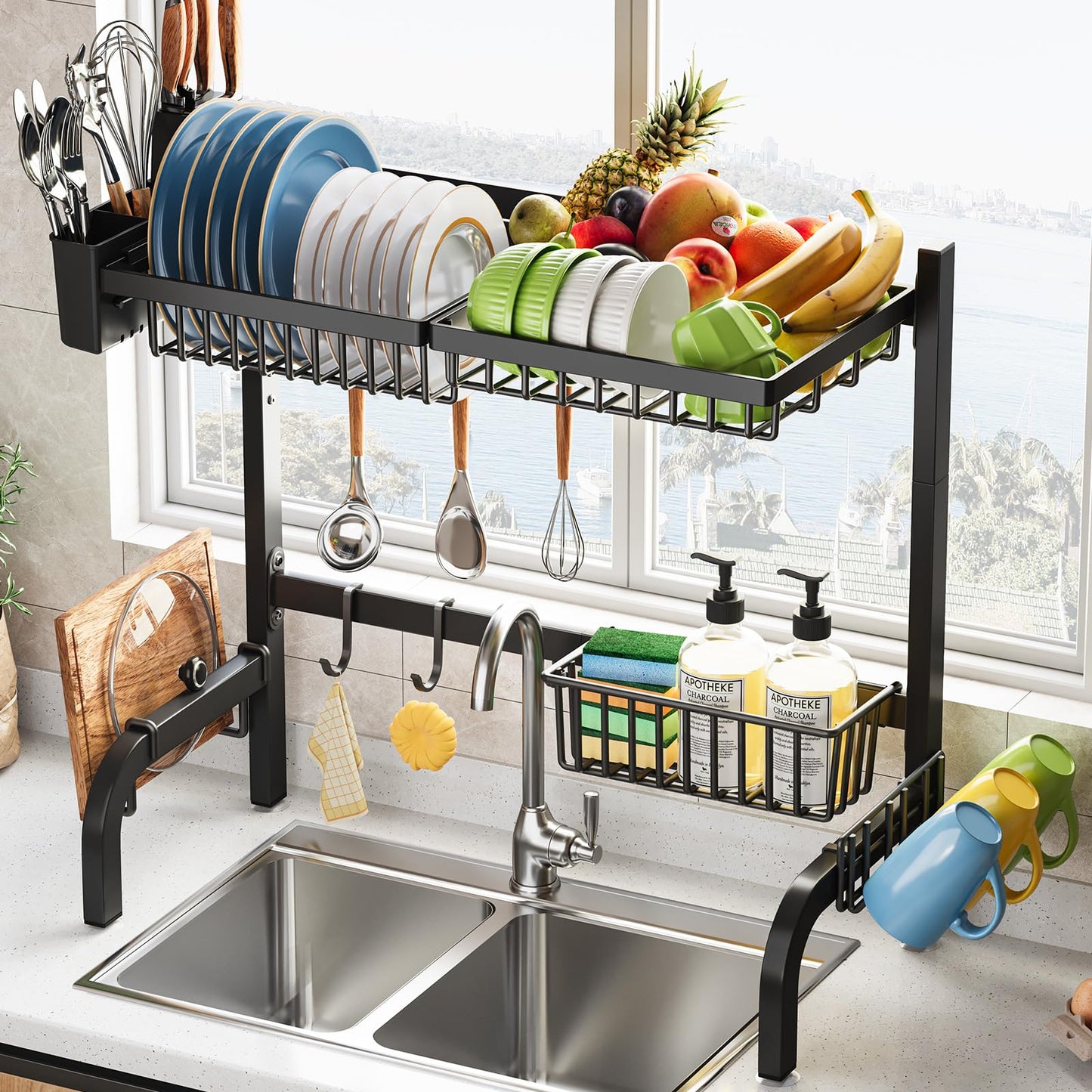 Urackify Over The Sink Dish Drainer Drying Rack, Adjustable (25.19"-37.4") Over Sink Dish Drying Rack, Extra Large Extendable Dish Rack Above Kitchen Sink, 3 Tier Dish Strainer with Storage Basket