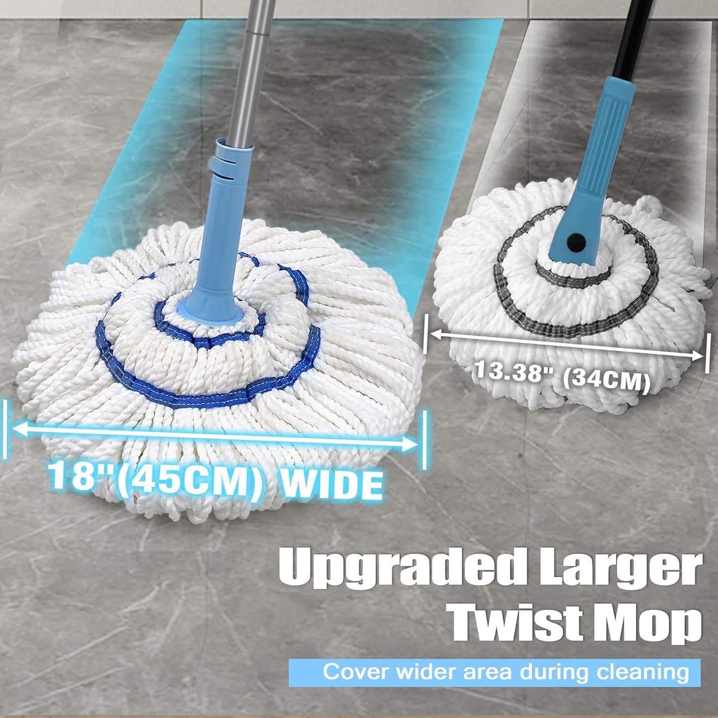 NEWE Self Wringing Twist Mop for Floor Cleaning, Upgraded 18-inch Wide Microfiber Mops, 55 Inches Long Handle Wet Dry Kitchen Easy Squeeze String Mop for Wood, Hardwood, Tile, Marble