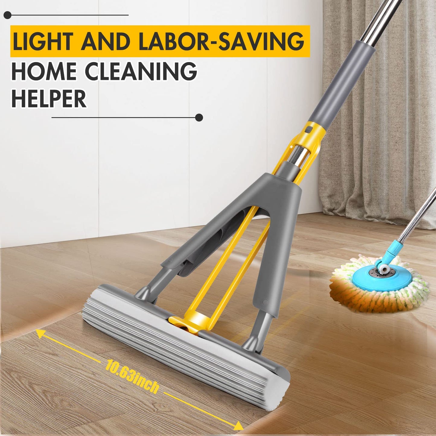 Sponge Mop, Self Wringing Mop with 3pcs Absorbent Sponge Head, Hand Wash Free Mop with 50" Long Handle, Wet Mop for Hardwood Laminate Tile Marble Floor Cleaning