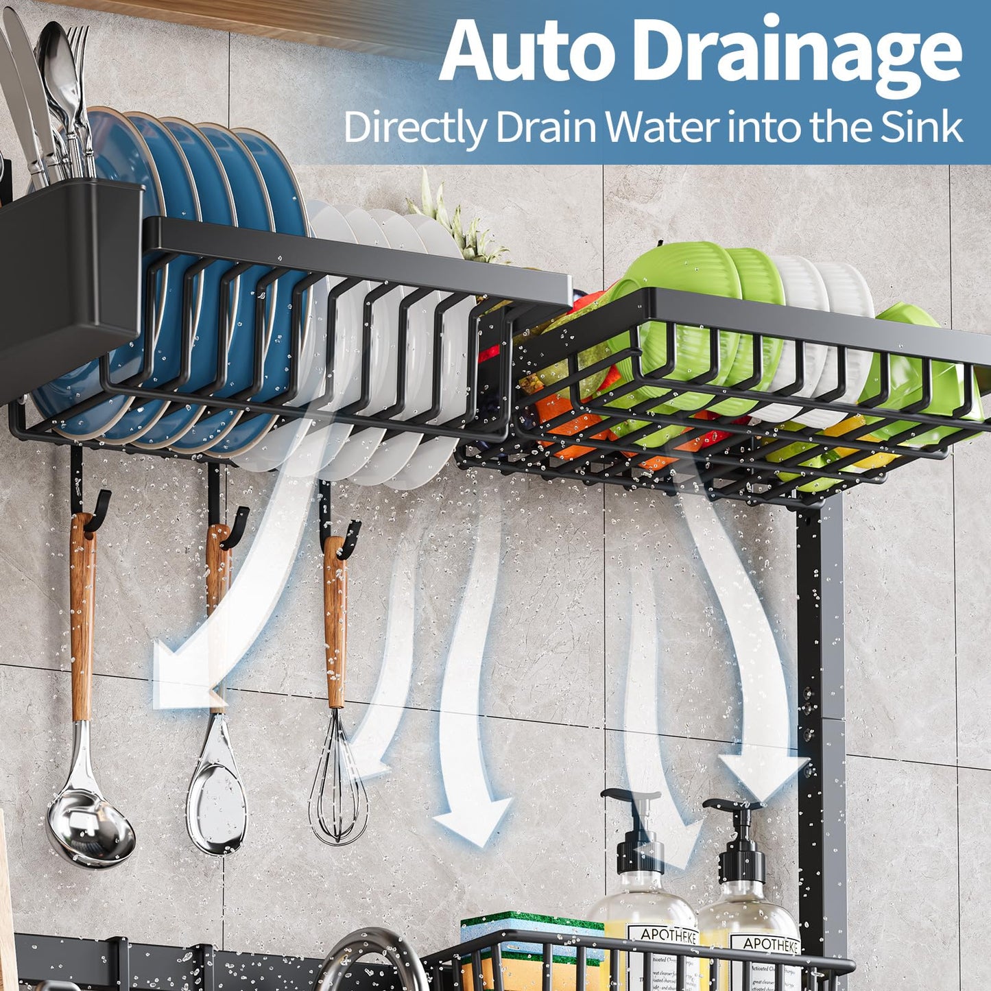 Urackify Over The Sink Dish Drainer Drying Rack, Adjustable (25.19"-37.4") Over Sink Dish Drying Rack, Extra Large Extendable Dish Rack Above Kitchen Sink, 3 Tier Dish Strainer with Storage Basket