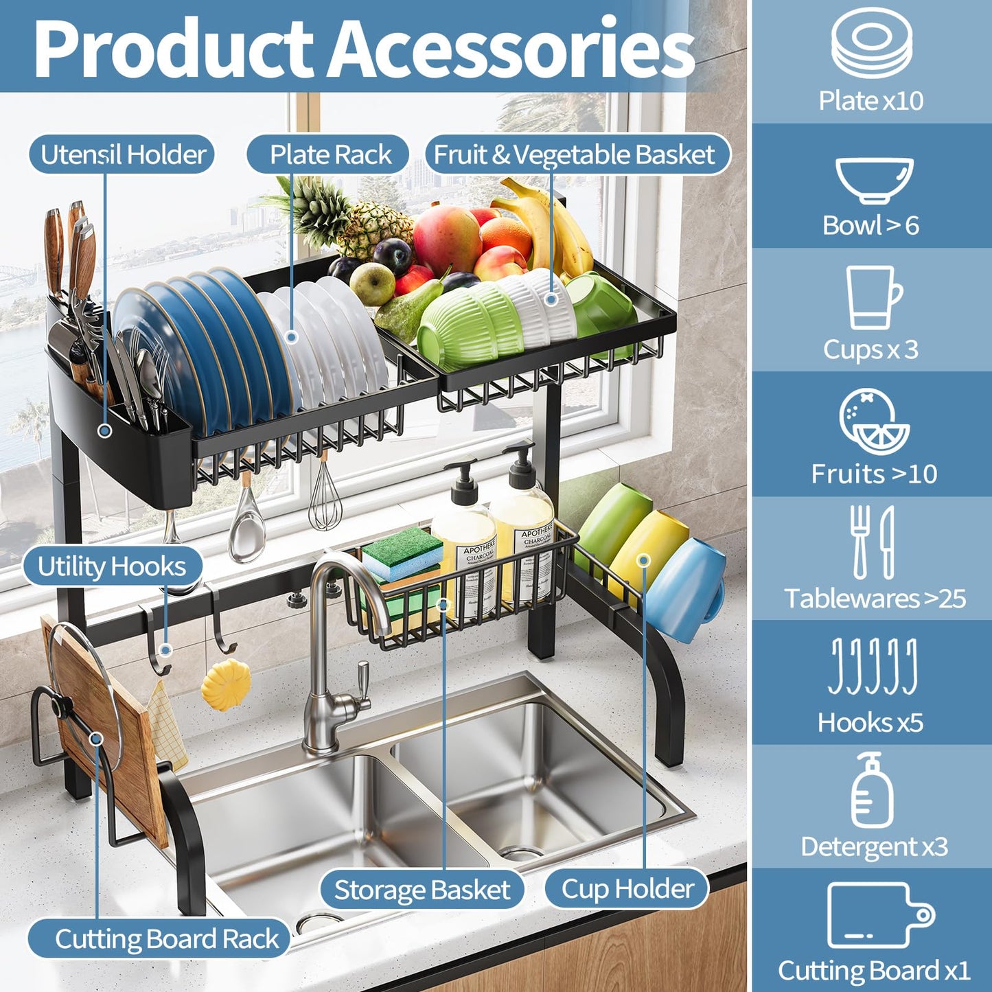 Urackify Over The Sink Dish Drainer Drying Rack, Adjustable (25.19"-37.4") Over Sink Dish Drying Rack, Extra Large Extendable Dish Rack Above Kitchen Sink, 3 Tier Dish Strainer with Storage Basket