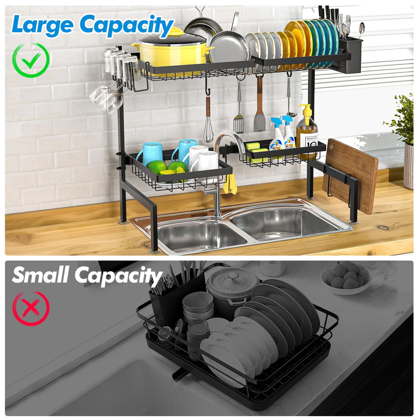 SNSLXH［2-Tier 4 Baskets］Over The Sink Dish Drying Rack, 24.8"-35.4", Large Sink Rack for Kitchen, Extensible and Adjustable, Saving Kitchen Space