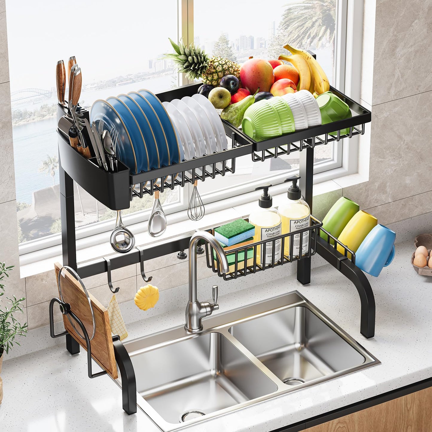 Urackify Over The Sink Dish Drainer Drying Rack, Adjustable (25.19"-37.4") Over Sink Dish Drying Rack, Extra Large Extendable Dish Rack Above Kitchen Sink, 3 Tier Dish Strainer with Storage Basket