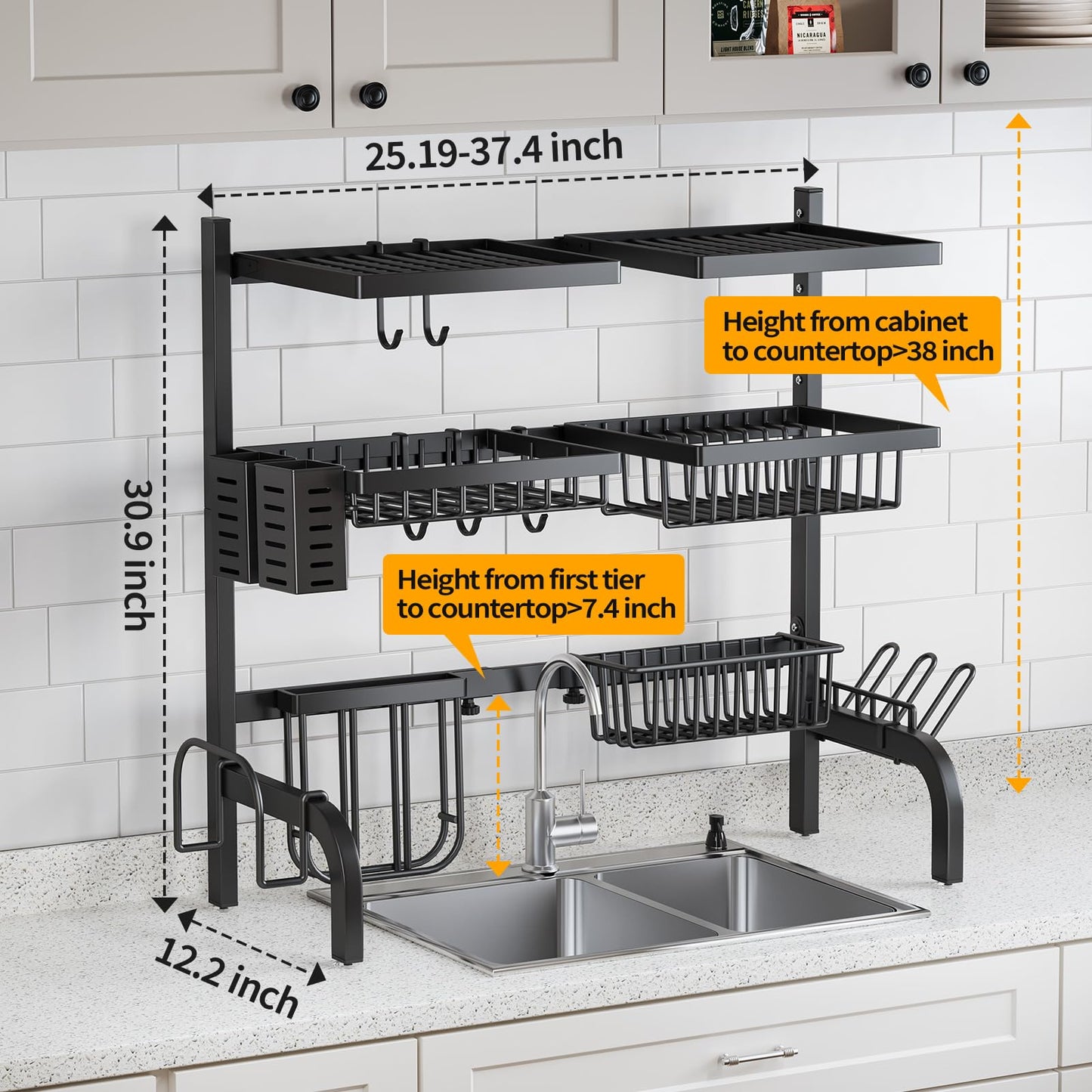 Urackify Over The Sink Dish Drainer Drying Rack, Adjustable (25.19"-37.4") Over Sink Dish Drying Rack, Extra Large Extendable Dish Rack Above Kitchen Sink, 3 Tier Dish Strainer with Storage Basket