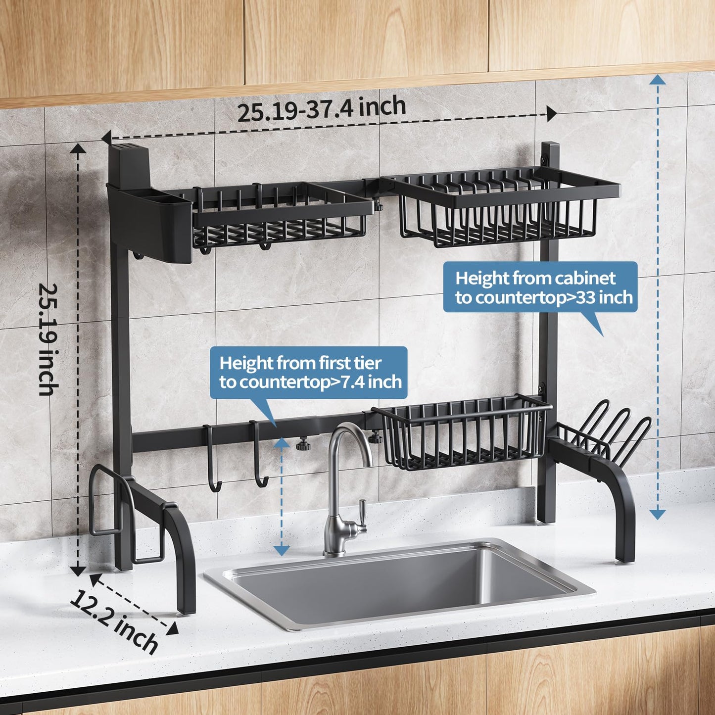 Urackify Over The Sink Dish Drainer Drying Rack, Adjustable (25.19"-37.4") Over Sink Dish Drying Rack, Extra Large Extendable Dish Rack Above Kitchen Sink, 3 Tier Dish Strainer with Storage Basket