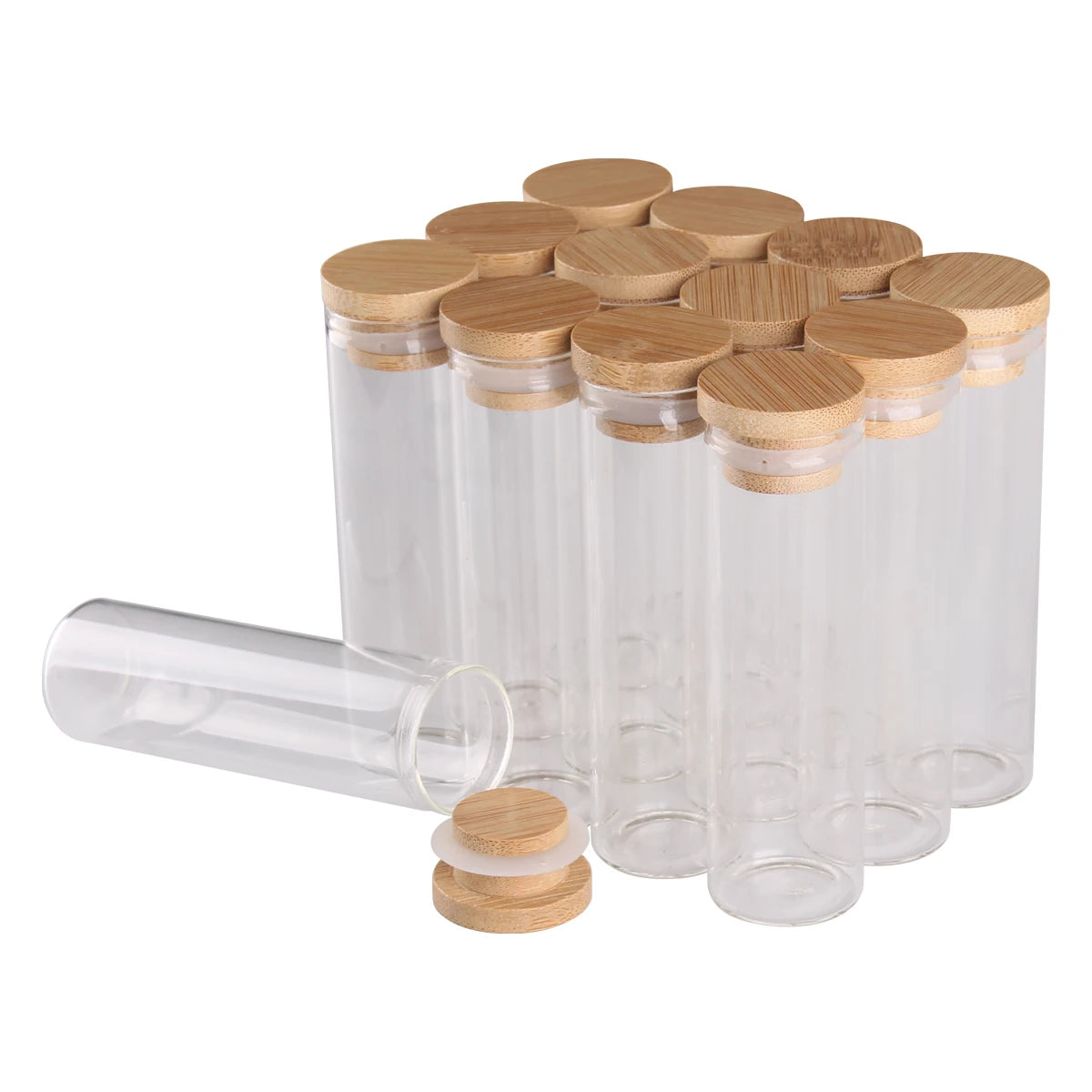 12pcs/lot 10ml 15ml 20ml 25ml 30ml 40ml 45ml 50ml 60ml Glass Empty Bottles With Bamboo Caps Spice Jars Glass Vessels DIY Crafts