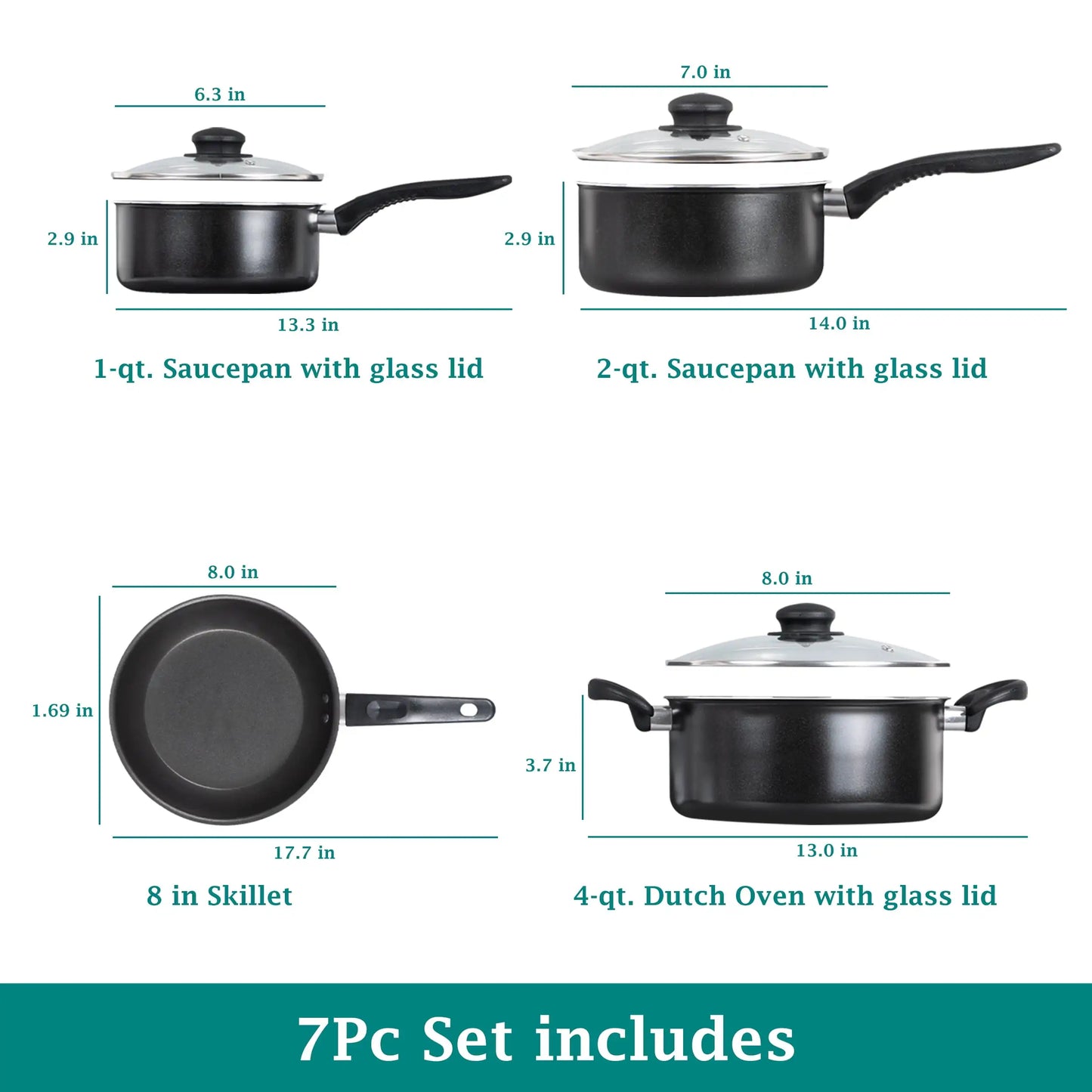 7 Piece Nonstick  Cookware Set, Black