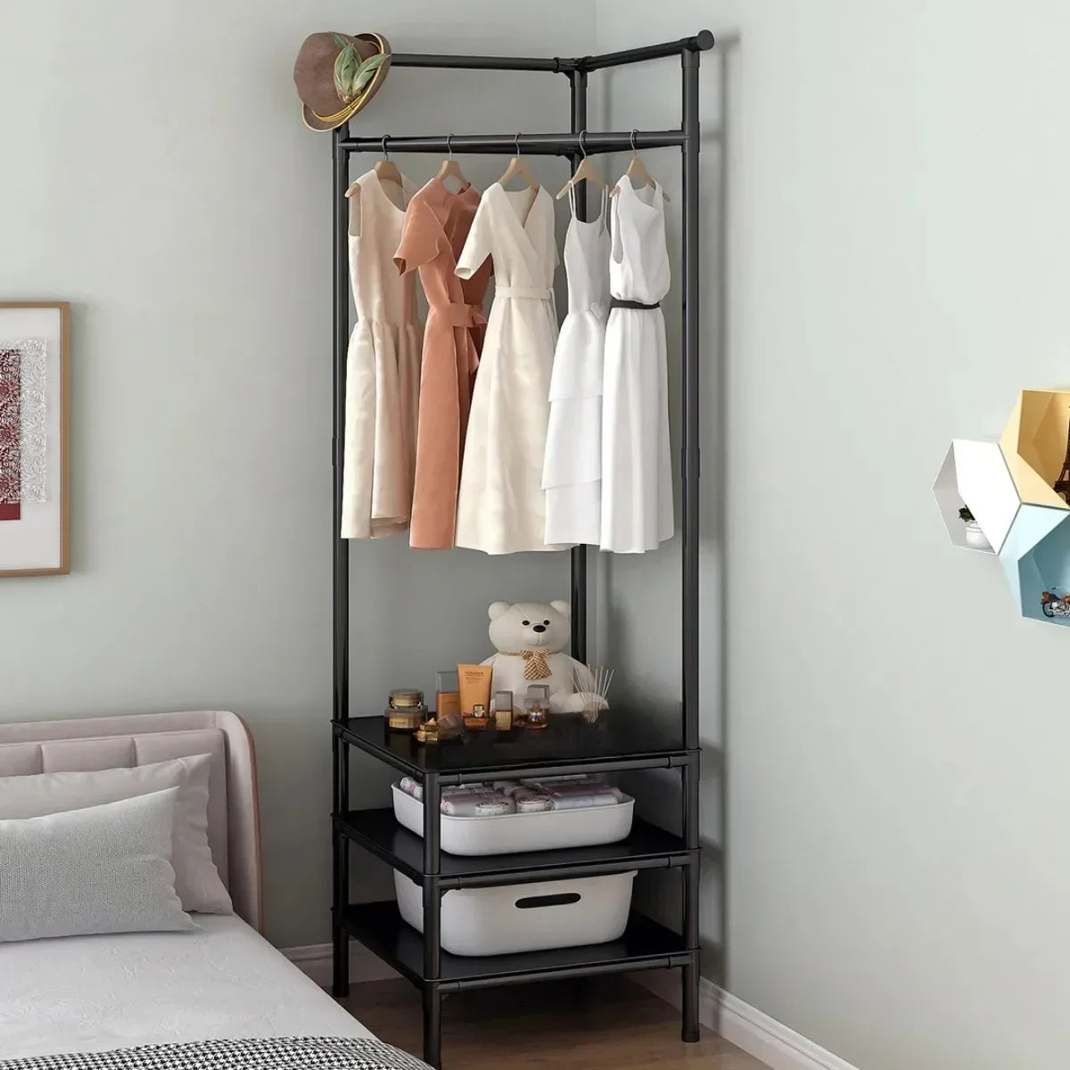 2 in 1 Corner Clothes Rack Nightstand Coat Racks Storage Bedroom Clothes Stand Organizer Clothing Household Storage Rack Shelf