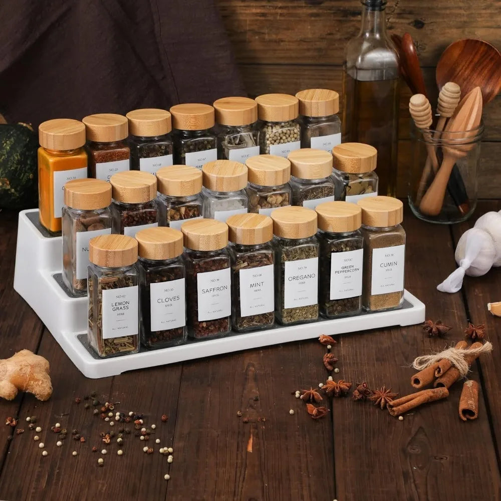 12 Pcs Glass Spice Jars with Bamboo Lids 4 oz Glass Jars with Minimalist Farmhouse Spice Labels Stickers Collapsible Funnel