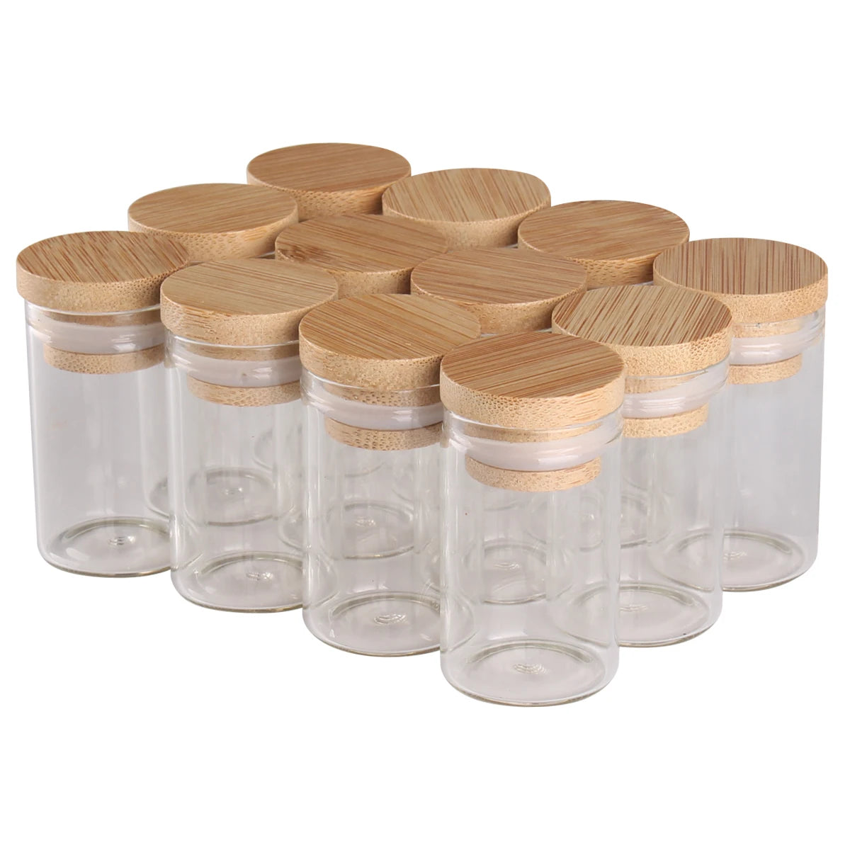 12pcs/lot 10ml 15ml 20ml 25ml 30ml 40ml 45ml 50ml 60ml Glass Empty Bottles With Bamboo Caps Spice Jars Glass Vessels DIY Crafts